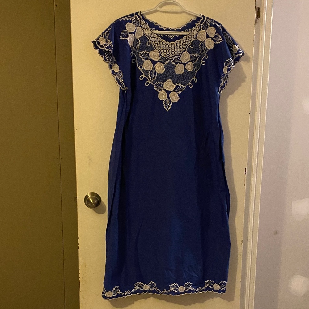 Elegant Blue Maxi Dress with White Embroidery